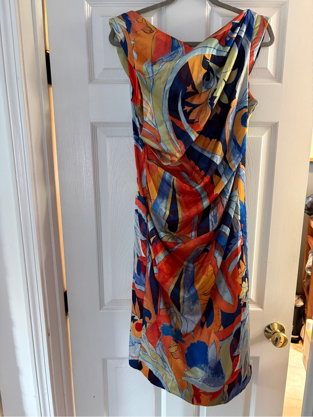 Nicole Miller Asymmetrical neckline Abstract-Print Sheath Dress in Blue & Orange